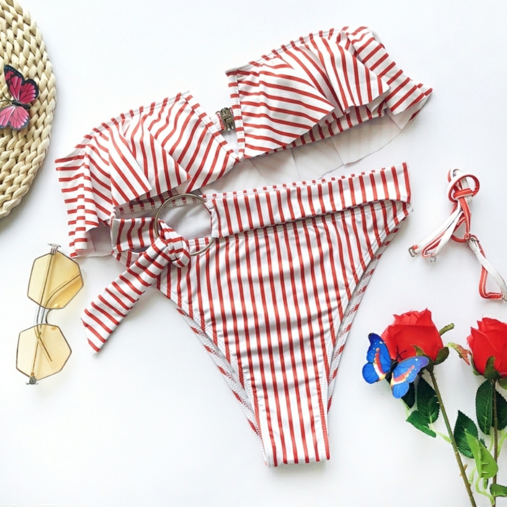 HIGH WAISTED STRIPED RUFFLE BANDEAU BIKINI Set - Picture 6 of 7